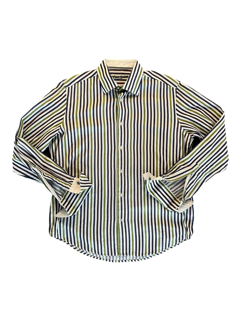 Robert Graham Striped Button-Down Shirt Size Large Cotton Silk Blend French Cuff
